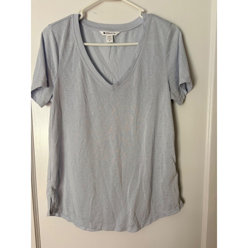 Athleta Breezy V-Neck Tee Light Blue Heathered Modal Blend Short Sleeve Shirt M